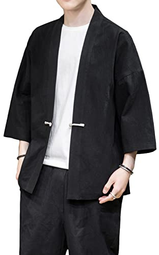 PRIJOUHE Cardigan kimono de style japonais pour homme en mélange coton-lin à manches trois-quarts couleur unie veste manteau ouvert sur le devant, Noir-17, Medium