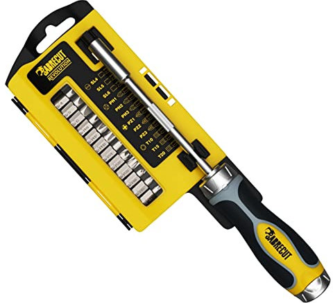 20 Piece SabreCut SCSD001 Ratchet Screwdriver Set with Onboard Storage 126mm Magnetic Bit Extension Bar 18 x 25mm Bits (PZ1 PZ2 PZ3 PH1 PH2 SL4 SL5 SL6 TX10 TX15 TX20 TX25 H4 H5) and Storage Case