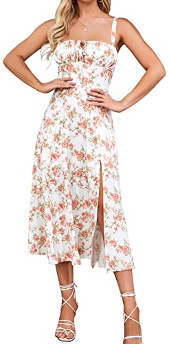 Floral Midi Corset Dress Wedding Guest Flowy Slit Lace Up Dresses for Women Tea Party A Line Casual Sundress Rose