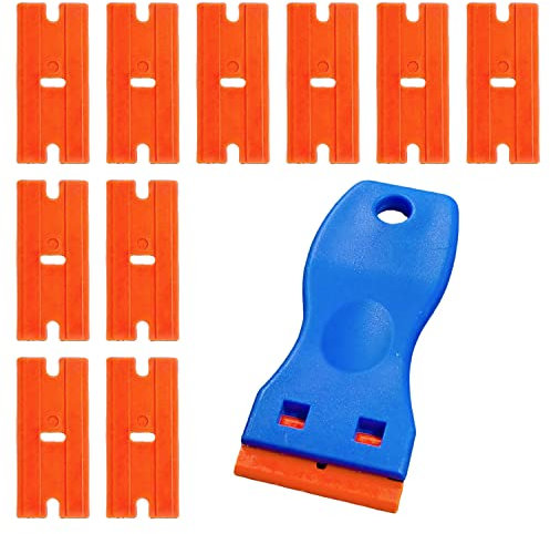 Plastic Razor Scraper Tool with 10 Plastic Razor Blades, Car Sticker Remover for Removing Glue Sticker Decals, Scraping Stickers, Labels and Decals from Glass, Windshields A3SSGD (Blue)