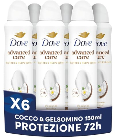 Dove Deodorante Spray Advanced Care Go Fresh Cocco e Fiori di Gelsomino, Formula Idratante e Delicata sulla Pelle, Senza Alcol, Pelle Asciutta Fino a 72 Ore, Deodorante Uomo e Donna, 6 Pezzi da 150ml