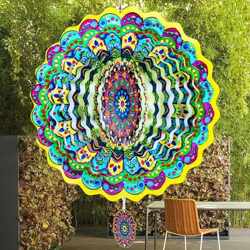 3D Edelstahl Windspiel, Mandala Windspie Hängende Wind Spinner Garten Draußen Dekorationen Leicht Drehendes Kinetic 3D Windspiel (Gelbgrün)