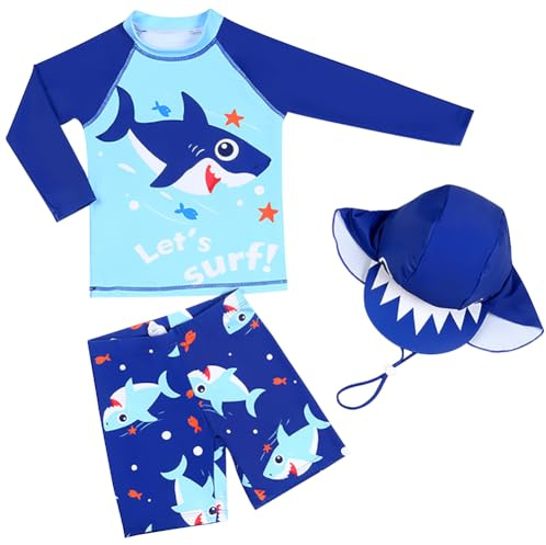AIWUHE Schwimmshirt Kinder Uv-Schutz Bade-Set zweiteilig Schwimmshirt Badehose Langarm Haifisch-Muster T-Shirt mit Badekappe Blauer Hai 110