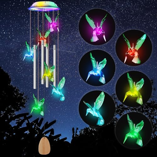 Qoosea Carillon Éoliens Solaires, Carillon a Vent Colibri Exterieur Changement De Couleur avec Tubes en Aluminium, LED Lampe Étanche Solaire Carillon Decor pour Jardin Intérieur Cour Porch Terrasse