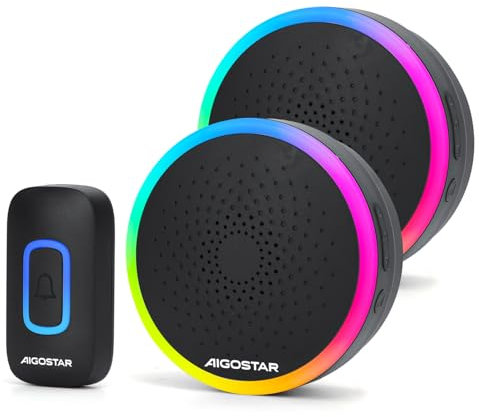 Aigostar Wireless Battery Doorbell Kit with 2 Receivers, RGB Light & IP55 Waterproof Door Chime Kit, 500FT Range, 60+ Chimes, 5 Volume Levels, 3 Modes