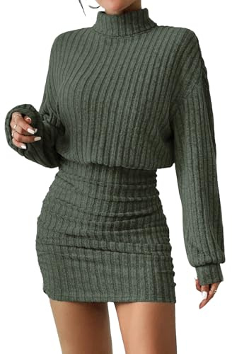 Women's Pullover Sweater Dress Long Lantern Sleeve Turtle Neck Cute Ribbed Knit Bodycon Mini Short Dress 2025 Fall-Green-M