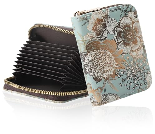 UOCAI Étui pour cartes de crédit pour femme avec protection RFID, petit porte-monnaie court pour femme, avec fermeture éclair, 11 compartiments, étui pour cartes de visite, style orgue, portable,