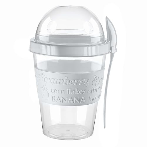 4 alla återanvändbara yoghurtkrukor 600 ml med sked flingförvaringsbehållare med lock lufttät över natten havre burk BPA-fri frukostkopp flingor när du är på språng diskmaskinssäker (askgrå)