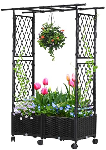 Lalahoni Planter with Trellis, 4.5ft Trellis Planter Self-watering Box with Wheels for Outdoor Plants Tomato Flower Vegetable Herb Vine Garden Patio, Plastic Raised Bed Trellis with Drainage Hole, 1PC