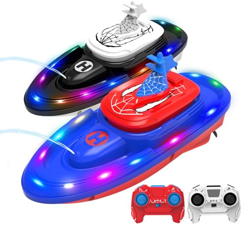fromeasy Spider-Shaped Remote Control Boat for Pool, RC Boats 2-Pack Summer Toys with Water Spray for Kids, LED Lights, 2.4 GHz,Gift for Boys or Kids and Adults (Blue & Red)