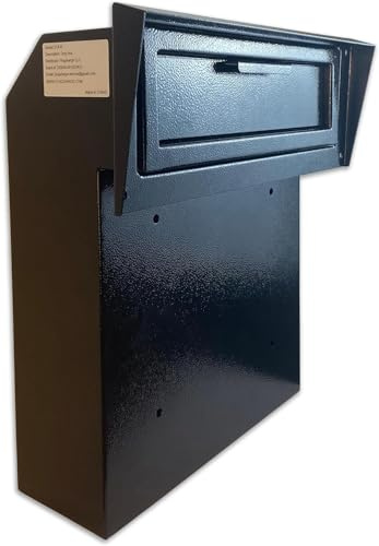 Plugsharge Locking Mailbox Drop Box with Rain Cover, Heavy-Duty Galvanized Steel, Door Mounted Secure Mailbox for Keys, Cash, Checks, Deposits & Letters – Safe Mail Drop Box for Home/Office, Black