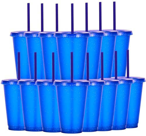 Yisituo Lot de 15 gobelets pour enfants, avec couvercles et paille, en plastique, pour les fêtes, le camping, les voyages (15, bleu foncé)