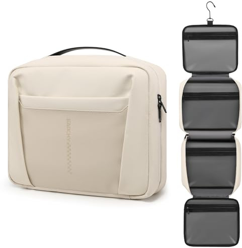 GAOCHY Travel Hanging Toiletry Bag Men Women Wash Bags Water-Resistant Organiser Makeup Cosmetic Bag Foldable Large Capacity Travel Sized Toiletries with 5 Compartments (Pearl White & Cream Pink, M)