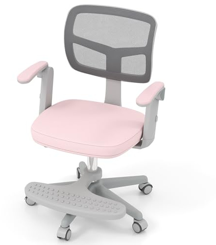 GYMAX Kids Desk Chair (Pink, 57x55x80-91cm, with Footrest) | Height Adjustable Children Swivel Chair with Armrests, Wheels & Removable Seat Cushion, Child Study Chair for Girls Boys