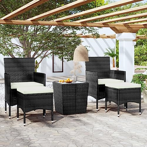 JHQHSM Ensemble bistro de jardin 5 pièces en polyrotin et verre trempé noir avec 2 tabourets et coussins pour terrasse et balcon