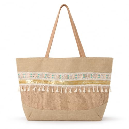 LE CÔTÉ CHIC Bolso Tote de Playa Boho, Grande, Beige Natural, Lino y Yute, con Borlas, Flecos y Detalle Dorado, para Playa, Piscina y Viajes