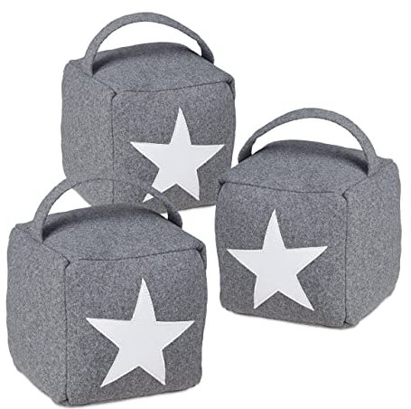 Relaxdays 3er Set Türstopper Stern, Türpuffer Stoff, Türsack Boden, hoch, mit Griff, dekorativ, HxBxT: 20 x 15 x 15 cm, grau