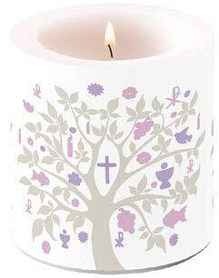 Kerze rund Baum des Lebens Taupe/lila als Tischdeko zur Kommunion, Konfirmation und Taufe Ø 7,5cm, Höhe 8cm