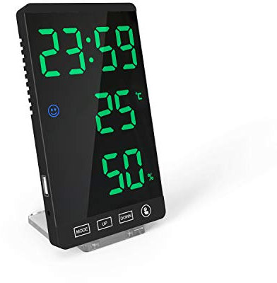 DollaTek Smart Mirror LED CLock Decorativo caricatore del telefono Sveglia Orologio digitale con luminosità a 4 livelli con display della temperatura meteorologica - guscio nero e digitale verde