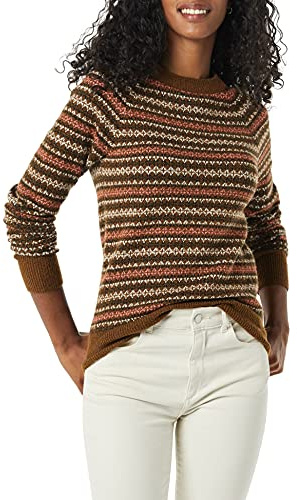 Amazon Essentials Women's Fair Isle Christmas Crewneck Pattern Jumper, Dark Chestnut Brown Geo Print, M