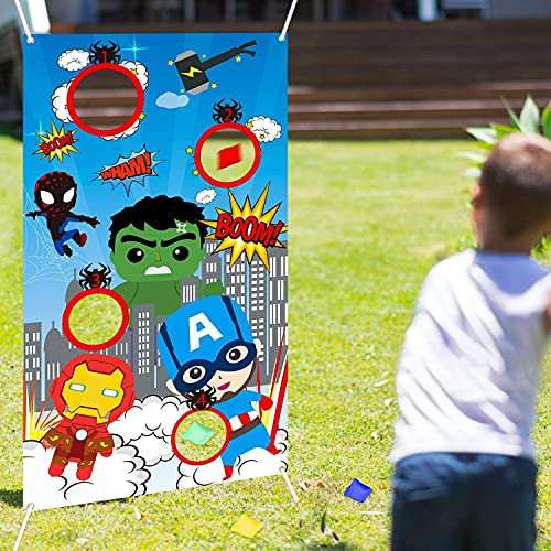 LATERN Superhelden-Wurf-Spiel mit 4 Stück Sitzsäcken, Karneval-Wurfspiel-Banner Superheld Indoor Outdoor Wurfspiel Partyzubehör für Kinder
