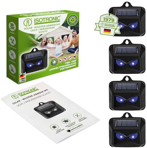 ISOTRONIC Répulsif Solaire Contre Les Animaux Sauvages tels Que Les ratons laveurs, Les chevreuils, Les Renards, Les sangliers, etc. - 4 répulsifs efficaces avec lumière LED Bleue