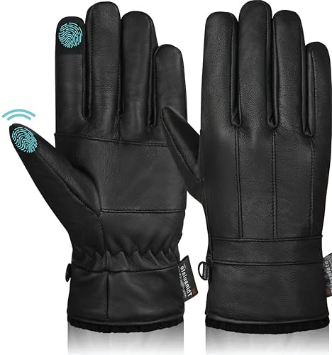 Hand Fellow Men’s Winter Leather Gloves Soft Nappa Sheepskin Warm Fleece Lining Thinsulate Gloves (Classic, M)