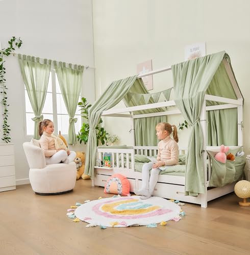 ALAVYA HOME® Hausbett Deko Set 2 Betthimmel + Wimpelkette & Vorhänge 2er-Set Kurz Gardinen 100x150 cm, GOTS Bio-Musselin Baumwolle, Kinderzimmer Lieblingsplatz für Mädchen & Jungen - Khaki