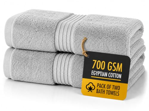 ALSAP Grey Bath Towels Set Of 2 (130x70cm) – 700 GSM Super Absorbent Egyptian Cotton Bath Sheets – Hotel Quality Quick Dry Bathroom Towels for Home, Spa, Gym, Beach & Swimming Pool