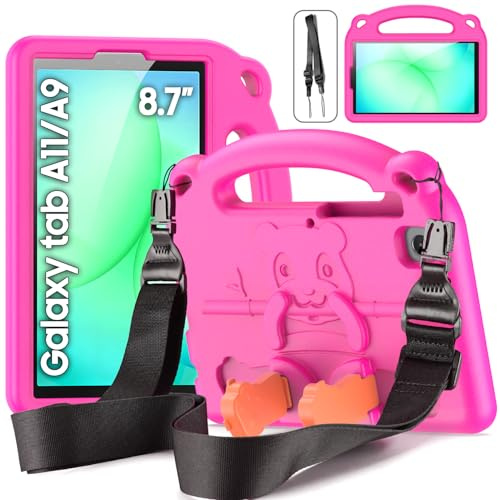 DUZZONA Kids Case for Samsung Galaxy Tab A9 8.7 2023 (SM-X110/SM-X115), Light Weight Shockproof A9 Kids Cover with Shoulder Strap, Handle Stand Protective Case for Samsung Tab A9, Pink