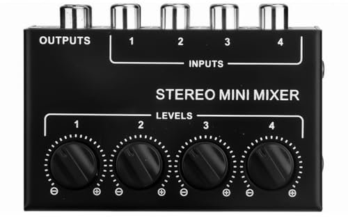 Tiardey Mixer Audio Stereo a 4 canali Supporto Ingresso e Uscita RCA Mini Mixer Stereo passivo con Controlli del Volume Separati