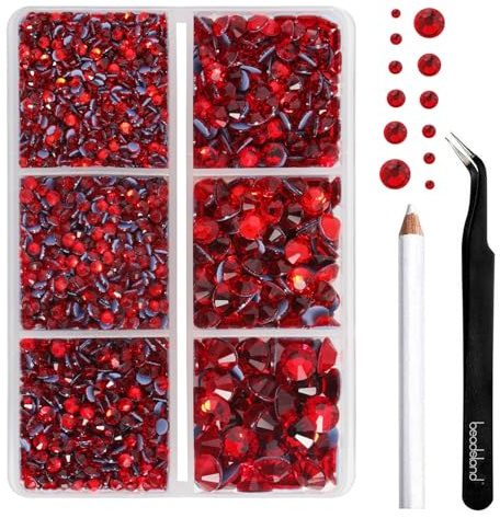BeadsLand pedreria hotfix,4000 PCS piedras rojo strass termoadhesivas diamantes cristales para manualidades,Kit mixto de 6 tamaños con lápiz de cera y pinzas,SS6-SS30,Rojo Brillante Rhinestones