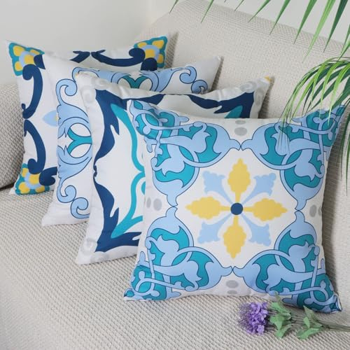 Betadistor Blue Cushion Covers 18x18 Inch Set of 4, Boho Floral Decorative Cushion Cases Colorful Vintage Flowers Decor for Couch Bed Car Patio Furniture Bench Sofa Pillowcase, Flowers, 507-0132