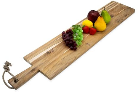 Spetebo Planche de service XXL en teck avec poignée – 100 x 20 cm – Plateau de service en bois pour antipasti – Planche en bois pour saucisses, fromages, entrées