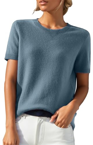 KonJim Pull tricoté à manches courtes pour femme - Col rond - Coupe ample - Léger - Pour le bureau, le travail, l'été, la plage, bleu ciel, M