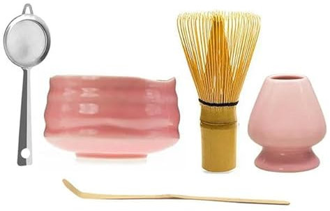 Japanische Matcha-Schüssel aus Keramik, glänzend, rosa, Tee-Schneebesen, Chasen-Halter, Schaufel, Sieb, Tasse, Zeremonie, Geschenk-Set, Geburtstagsgeschenke (Rosa)