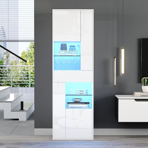 Kebnor Vitrina de venta, armario alto con 1 cajón y 4 armarios, vitrina de cristal con iluminación LED, vitrinas con diseño brillante, armarios de salón, vitrinas, vitrinas, cajas de exhibición