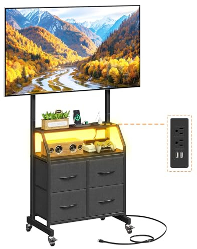 OYRREU Support TV sur roulettes avec LED et Prises Intégrées, Support TV sur Pied 32–75 Pouces Réglable en Hauteur avec 4 Tiroirs, Max VESA 600x400 mm, Noir