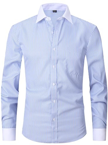 Générique Chemise Coton Homme Manches Longues Chemises Regular Fit Chemisier a Rayures Chemisette Mode Tshirt Respirant Tee Shirt Leger Habit Basique Hauts Décontractée Vetements Bleu Ciel XXL