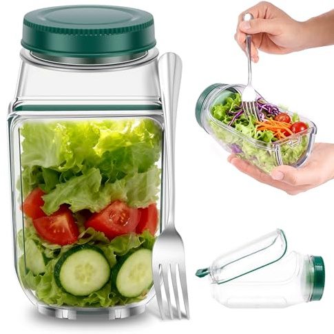 Salad Pod with Stainless Steel Fork, 700ml Salads Jar with Side Opening, Salad Container for Lunch, Built-in Bowl Design, Leakproof Wet Dry Separation Vertical Layering Lunchable Containers(Green)