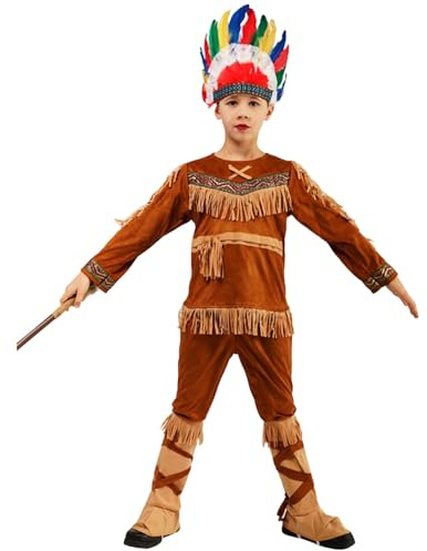 Dasongff Deguisement Indienne Enfant Garçon Haut Pantalon avec Coiffe Costume de Carnaval Indien Pour Enfant Cosplay Tenue Pour Carnaval, Halloween Fête