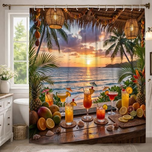 Cocktails Shower Curtain, Tropical Beach Palm Trees Fruits Summer Orange Waterproof Fabric Decorative Bathroom Curtain Decor for Toile Bathroom Dorm 54x78 Inch