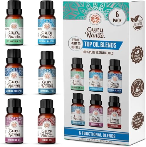 GuruNanda Essential Oil Blends (Set of 6) - Natural Essential Oil Set, Aromatherapy Oil Blends for Diffusers - Breathe Easy, Tranquility, Harmony, Calming Sleep, Relaxation & Thrive