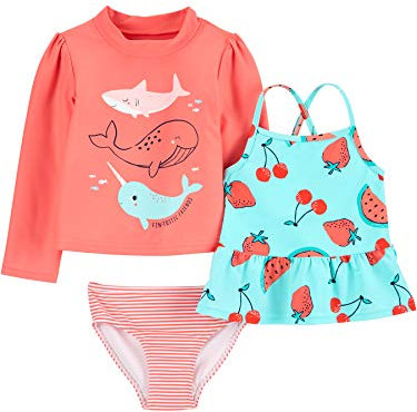 Simple Joys by Carter's Rashguard-Sets für Mädchen, 3-teilig, Orange Sea Life/Red Fruit/Stripe, 3 Jahre