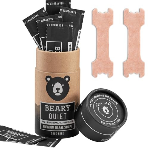 Beary Quiet Nasal Strips – 60 Large Strips | Anti-Snoring Aid for Better Breathing, Congestion Relief & Deeper Sleep – Drug Free, Comfortable & Strong Adhesive