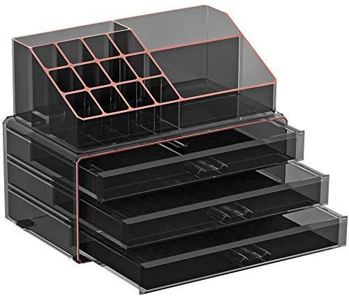 SONGMICS Make-up Organizer, Kosmetik-Organizer mit 3 Schubladen und 15 Fächern in unterschiedlichen Größen, transparentes Schwarz-roségold JKA002B01