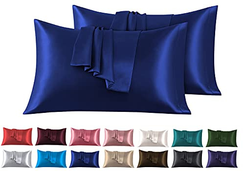 Set med 2 örngott i satin 50 x 90 cm, Mjukt och silkeslent kuddöverdrag för sängen, Kuvertförslutning, Kvalsterfritt och allergivänligt, Skyddar hår och hud & motverkar rynkor Mörkblå