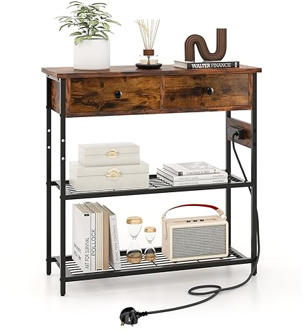 RELAX4LIFE Consolle Ingresso con 2 Cassetti e 2 Ripiani, Consolle Stretta con Stazione di Ricarica, 2 Prese AC e 2 Porte USB, per Soggiorno, Ingresso, Corridoio (MARRONE)