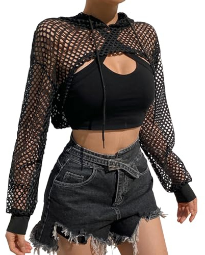 SNOMYRS Maglia Crop Top Sexy A Rete Top Gotico Neon Manica Felpa Con Cappuccio Vestito, nero, Taglia Unica