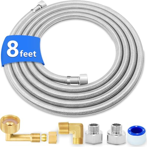 Dishwasher Installation Kit - 8 FT Stainless Steel Dishwasher Hose with 3/8 Compression Connections,Food Grade PEX Inner Tube Dishwasher Water Supply Line with Elbows,Adapters